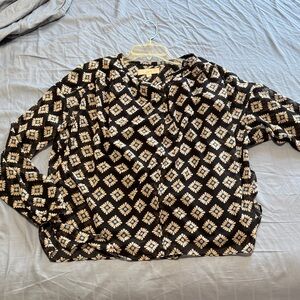 LOFT navy blue Blouse with Cream Floral Diamond Pattern